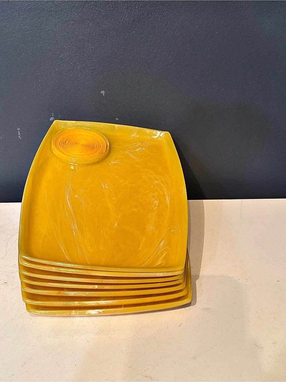 Vintage Yellow Lucite Swirl Midcentury Cocktail Trays With a Cup Rest - Set of 7